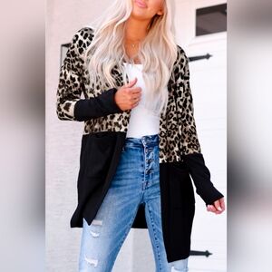 New With Tags Black Leopard Print Open Cardigan With Pockets